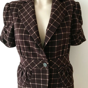 Short Sleeve Plaid Blazer Lightly Padded Shoulders Button Front, Size 6/8